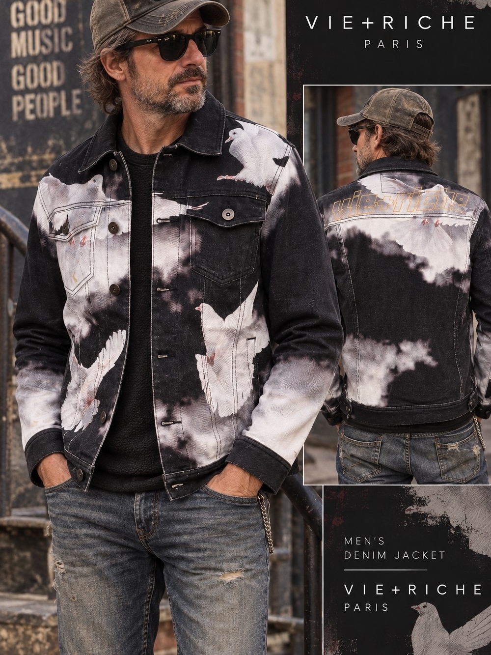 Vie Riche Paris Black and White Printed Denim Jacket with Dove Graphics Sz Med.